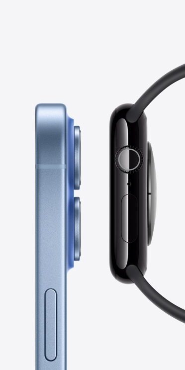 iPhone 17, parte lateral derecha, botón para bloquear, lentes de cámaras en relieve, Apple Watch Series 11, parte lateral derecha, Digital Crown, micrófono, botón lateral