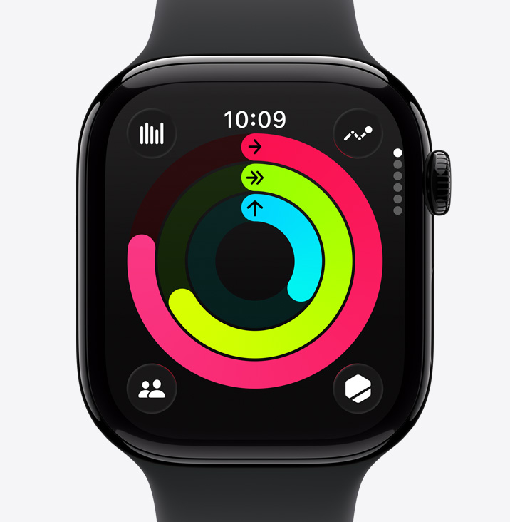 Apple Watch Series 11, caja de aluminio, color negro azabache pulido, círculos de Actividad: Moverse, Ejercicio, Pararse