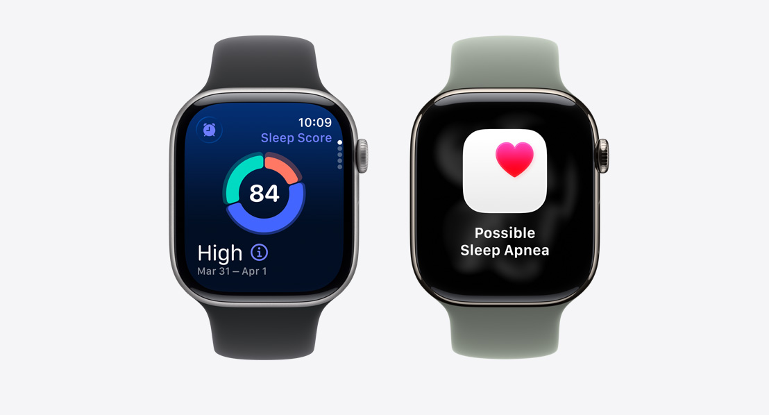 Két Apple Watch Series 11, az alvási pontszám képerny?je és lehetséges alvási apnoéval kapcsolatos értesítés