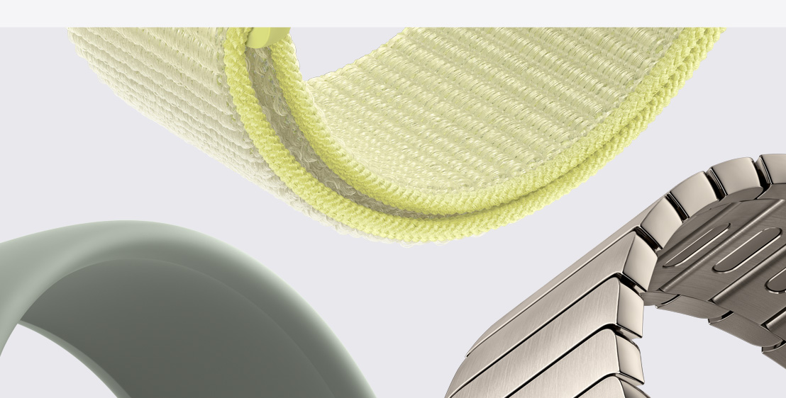 Correas para el Apple Watch: correa uniloop, color gris verdoso, correa loop deportiva, color amarillo neón, correa de eslabones, color natural