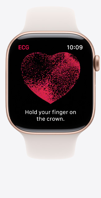 Vooraanzicht van een Apple Watch Series 10 met daarop de Ecg?app met een golfvorm en een aftelklok met nog 22 seconden.