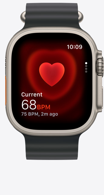 Vooraanzicht van een Apple Watch Ultra 2 met daarop de Hartslag?app die een hartslag van 68 aangeeft.