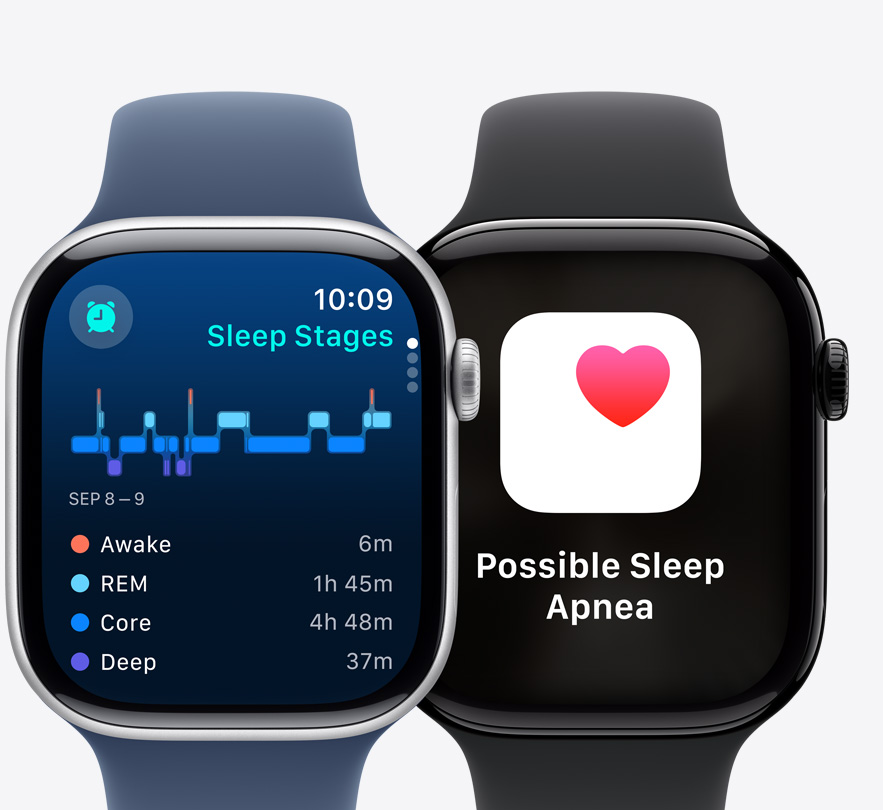 Vooraanzicht van twee exemplaren van Apple Watch Series 10 met daarop informatie over slaapfases en een melding voor mogelijke slaapapneu.