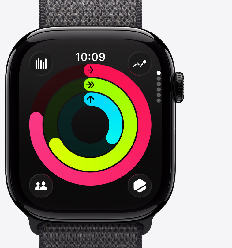 Apple Watch Series 11, caja de aluminio, negro azabache pulido, círculos de Actividad: Moverse, Ejercicio, Pararse, Digital Crown, correa, loop deportiva gris oscuro