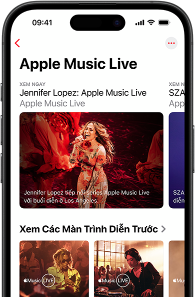 Màn hình Apple Music Live trên iPhone hi?n th? Xem Ngay, các bu?i bi?u di?n ?? di?n ra và n?i dung ??c quy?n nh? 100 Album Hay Nh?t Trên Apple Music