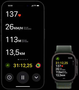 Ho?t ??ng Tr?c Ti?p hi?n th? ch? s? ??p xe c?a m?t ng??i trên c? Apple Watch Ultra 2 và iPhone c?a ng??i ?ó.