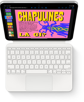 Hình ?nh nhìn t? trên xu?ng c?a iPad v?i Magic Keyboard Folio màu tr?ng.
