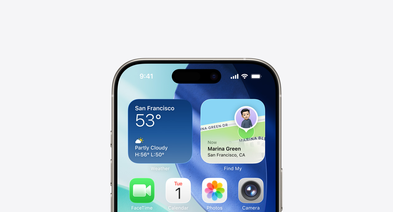 Ph?n trên cùng c?a màn hình iPhone hi?n th? màn hình chính v?i các ti?n ích Th?i Ti?t và Tìm ? hàng trên cùng