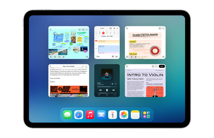 iPad, n?m ngang, màn hình hi?n th? sáu c?a s? m? thành hai hàng, bao g?m ?ng d?ng L?ch, ?ng d?ng Ghi Chú, Apple Music, và Safari
